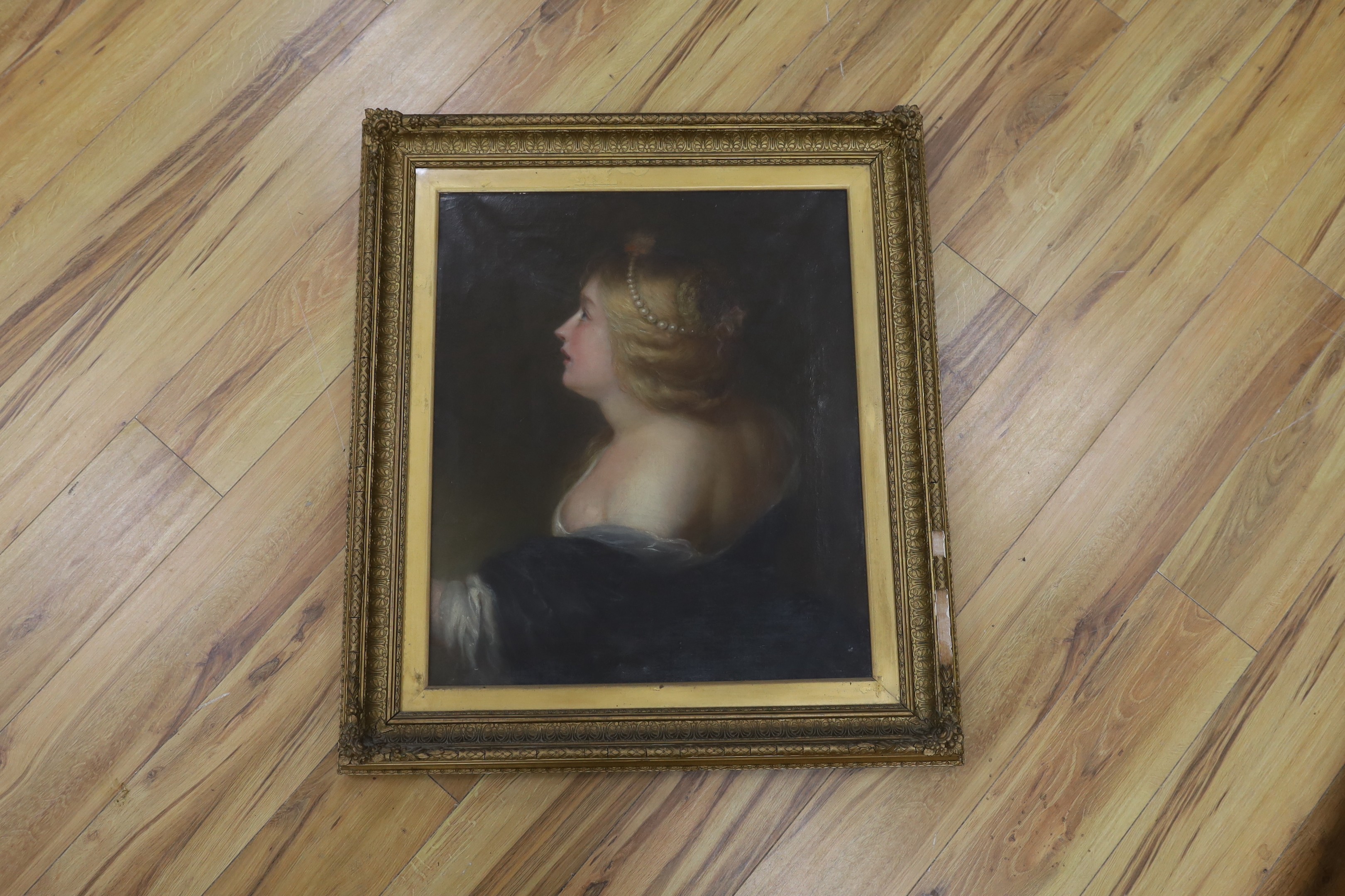 English School c.1900, oil on canvas, Portrait of a woman with pearls in her hair, 64 x 53cm